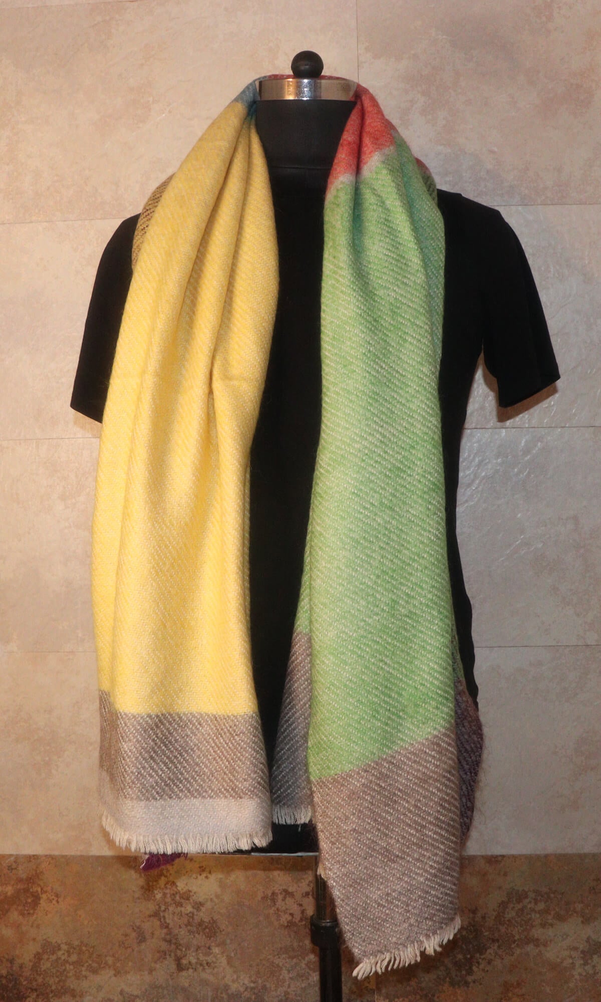 Multi-Color Cashmere Travel Stole Blanket - Handwoven in Nepal - Neck Drape View