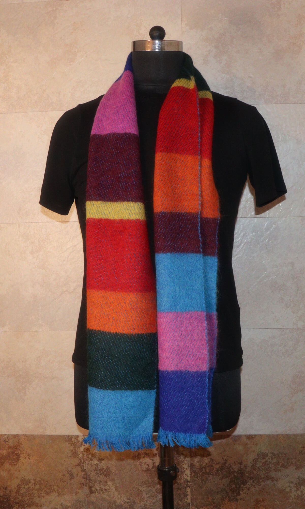 Handwoven Cashmere Blend Joyful Striped Muffler 10x72 Inches to enhance mood - neck drape view.