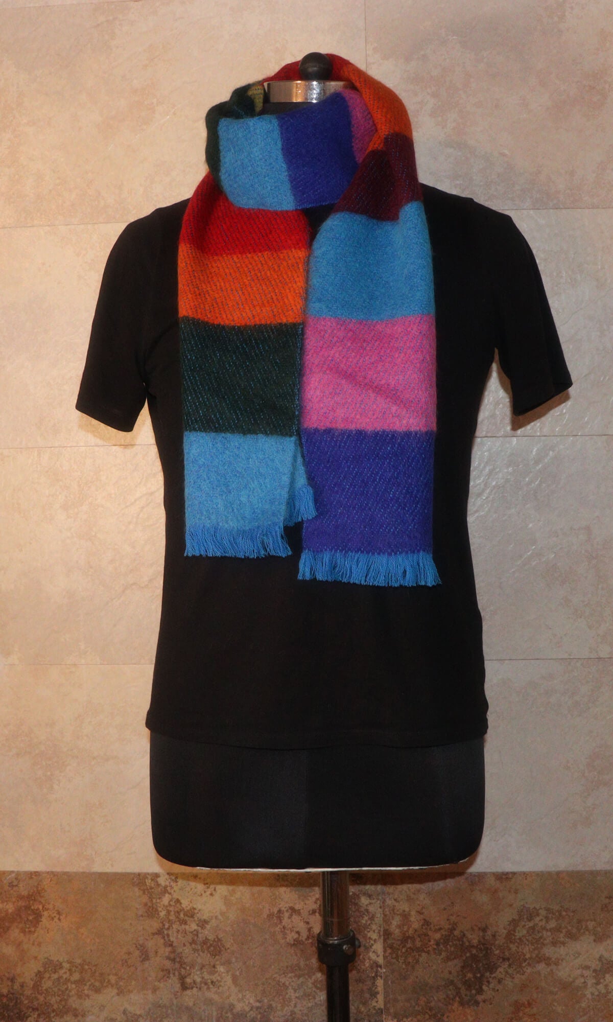 Handwoven Cashmere Blend Joyful Striped Muffler 10x72 Inches to enhance mood - neck-wrap-view.