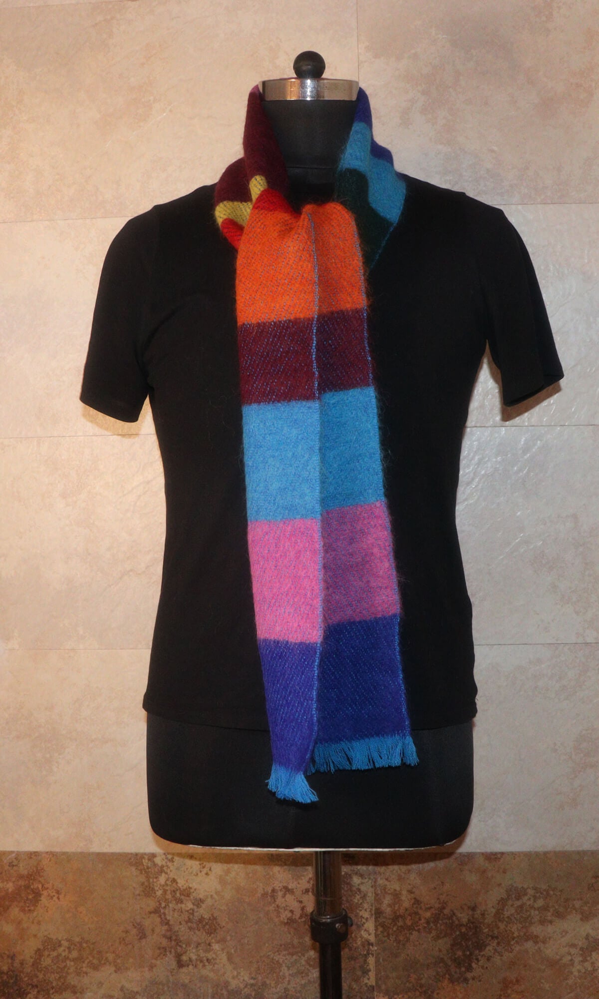 Handwoven Cashmere Blend Joyful Striped Muffler 10x72 Inches to enhance mood - elegant front drop view.