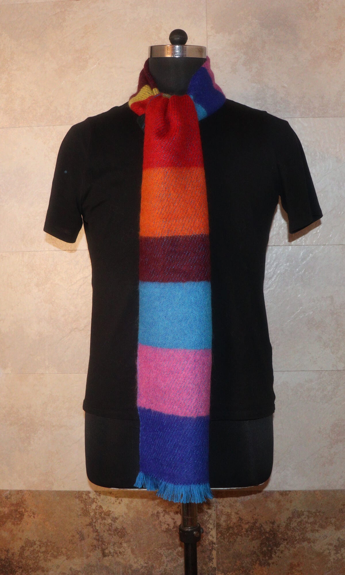 Handwoven Cashmere Blend Joyful Striped Muffler 10x72 Inches to enhance mood - winter knot view.