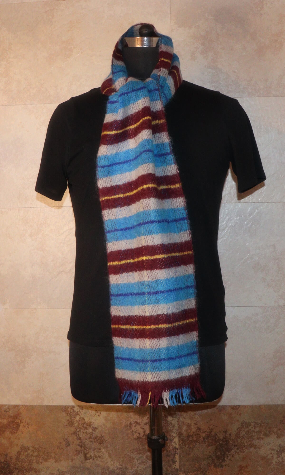 Handmade 25x183cm Multi Color Striped Cashmere Merino Wool Muffler - Vintage-inspired warmth for formal, casual, and travel occasions - winter knot view.