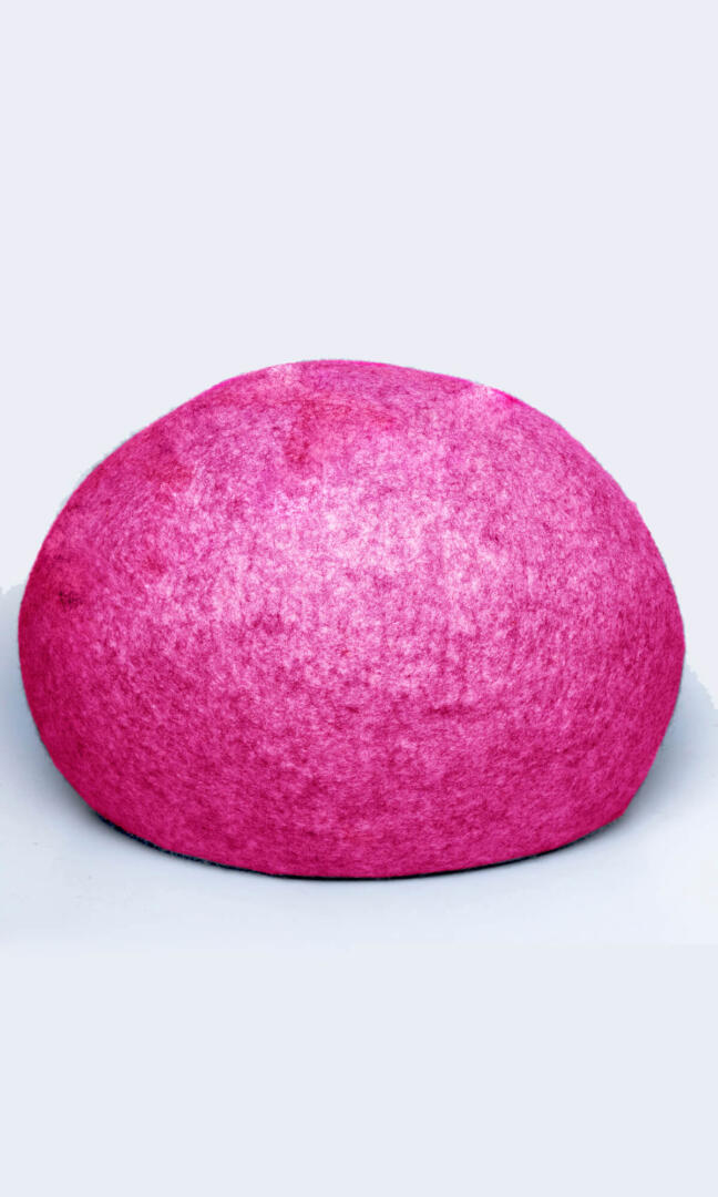 Barbie Cat's Meow Cat Cave - Handmade Felted Wool Pet Retreat in Barbie Pink, Cozy and Stylish Hideaway for Feline Royalty - back view.