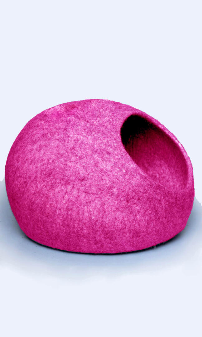 Barbie Cat's Meow Cat Cave - Handmade Felted Wool Pet Retreat in Barbie Pink, Cozy and Stylish Hideaway for Feline Royalty - right view.