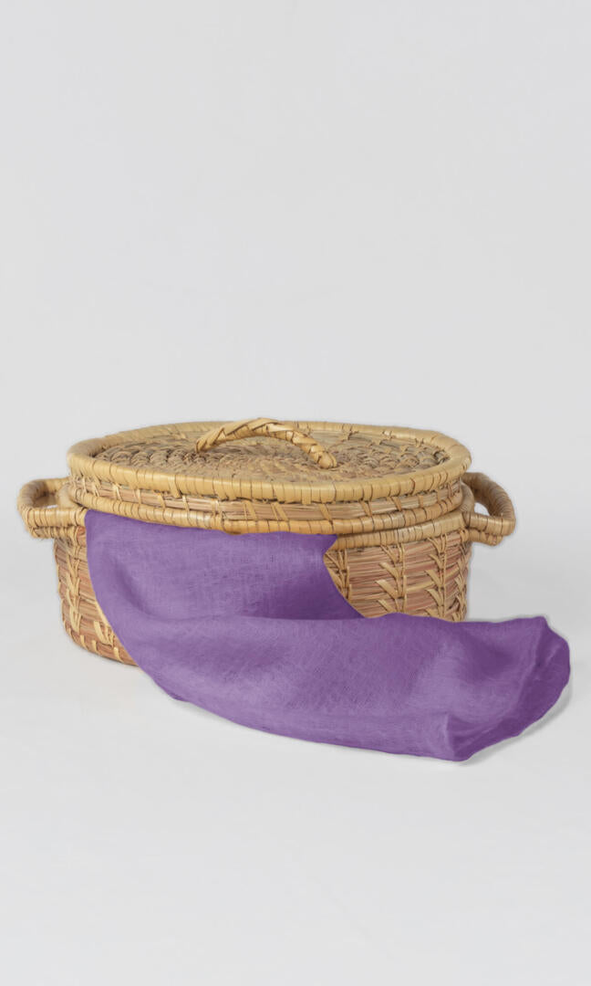 100% Pure Lavender Cashmere Shawl Handmade in a basket with lid to show how the shawl can be stored.