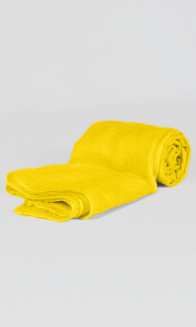 Close-up of the premium handwoven 100% pure Buttercup Yellow cashmere shawl - flat rolled view to convey its easy-to-pack feature.