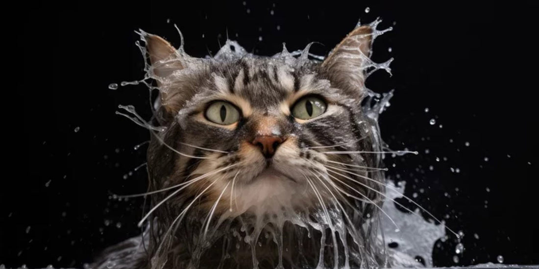 Cat being bathed to remove body odor and maintain a fresh-smelling felted wool cat cave home