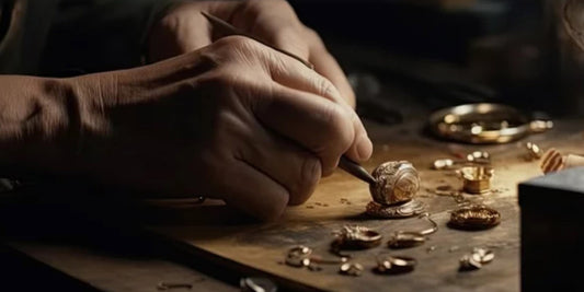 A goldsmith or jeweler is working on a piece of jewelry in his jewelry workshop.