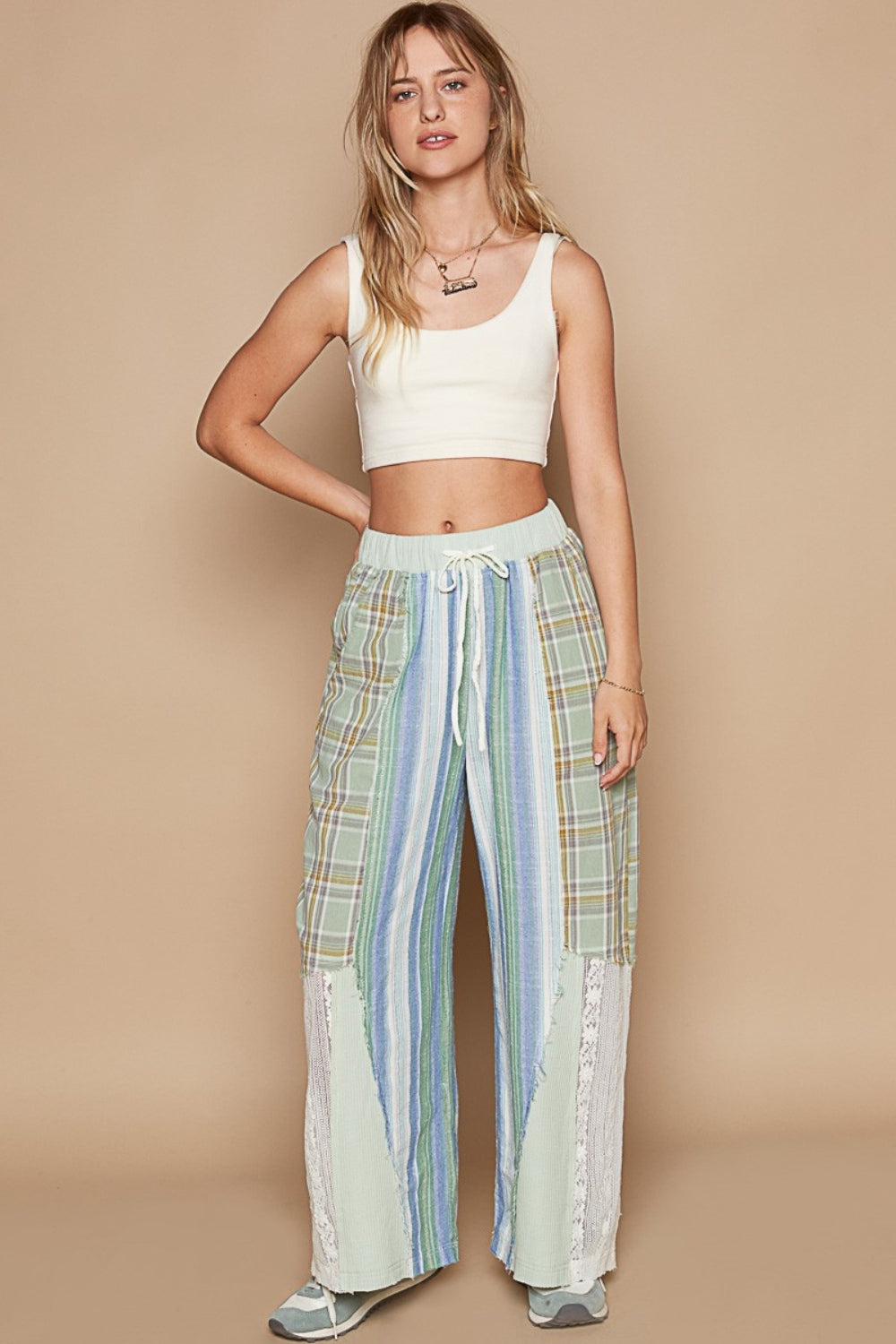 Drawstring Plaid Print Lace Straight Pants