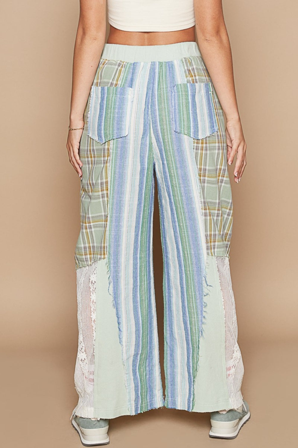 Drawstring Plaid Print Lace Straight Pants