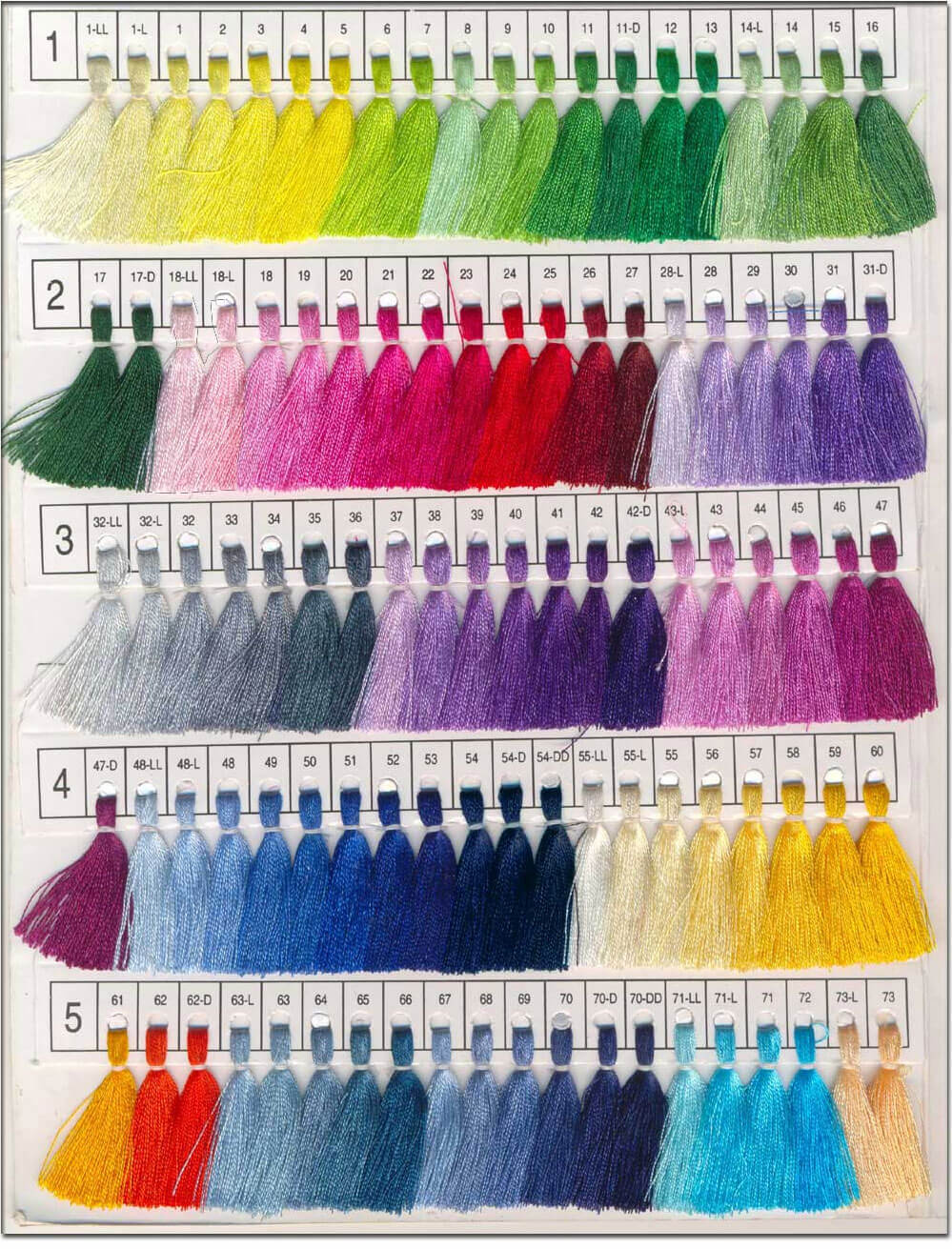 Bajra bespoke color chart first page shows green, yellow, red, grey, pink, purple and blue color hues totaling 100 colors.
