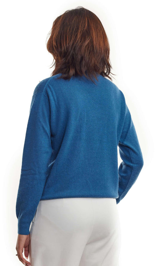 Sapphire Sky Pure Cashmere Cardigan Long Sleeve Pullover, an essential addition for the season, with a roundneck in relaxed fit; a full back view.