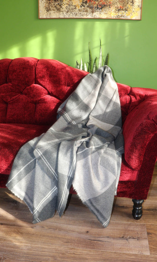 Luxurious Grey Plaid Check Cashmere Blanket Throw - 56x96 Inches, Handwoven 100% Pure Himalayan Cashmere for Unparalleled Comfort and Quality for laidback moment.