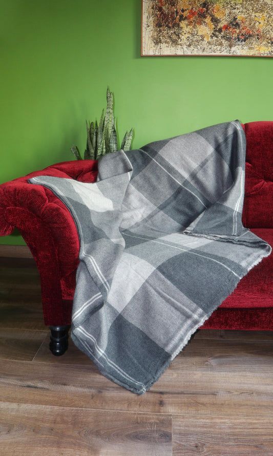 Luxurious Grey Plaid Check Cashmere Blanket Throw - 56x96 Inches, Handwoven 100% Pure Himalayan Cashmere for Unparalleled Comfort and Quality.