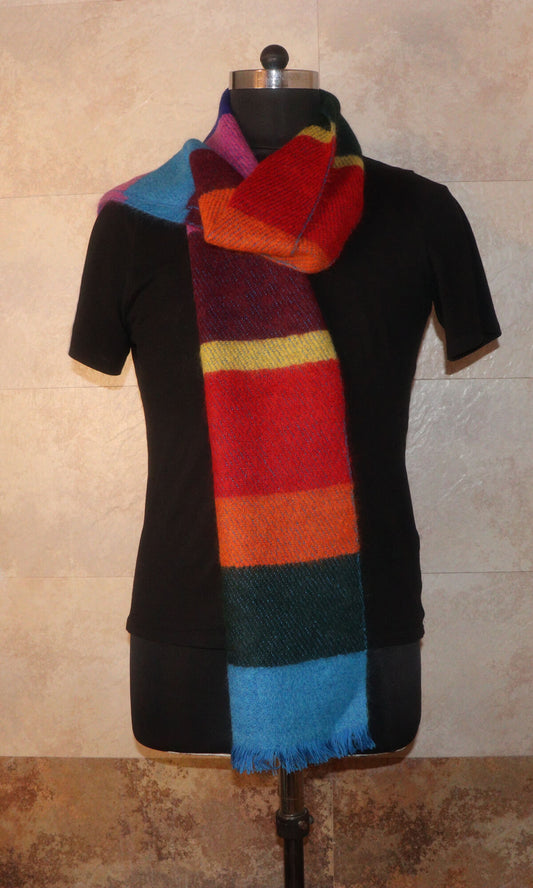Handwoven Cashmere Blend Joyful Striped Muffler 10x72 Inches to enhance mood - over shoulders view.
