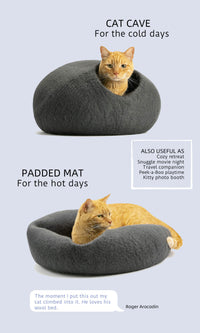 Various ways to use a felted wool cat cave bed: cozy retreat, snuggle and movie night, peek-a-boo playtime, kitty photo booth, and travel companion.