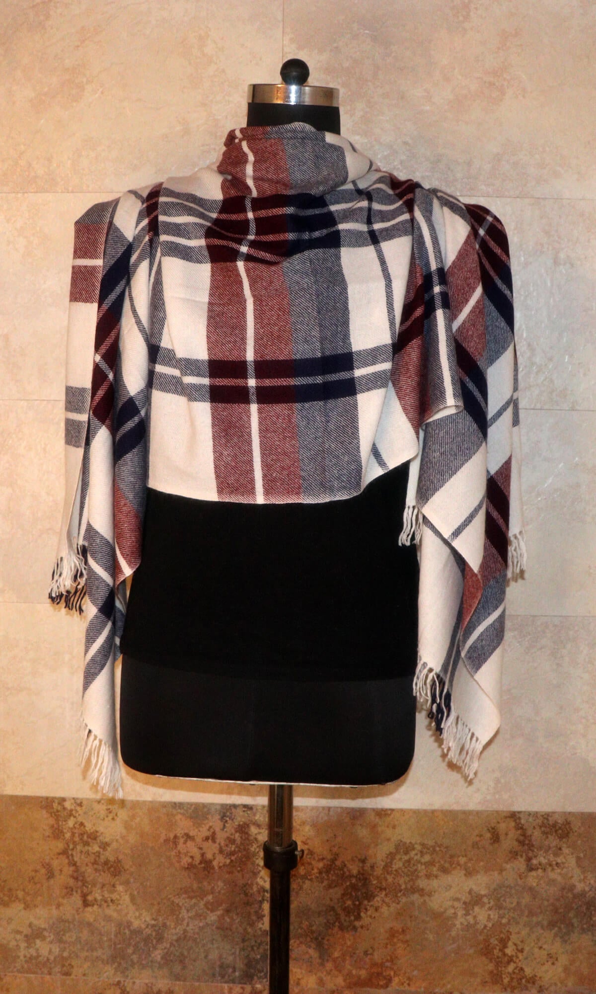 Luxurious Pure Cashmere Tartan Plaid Stole Wrap, a statement of Nepalese artistry and English heritage, handcrafted in the heart of Nepal - shoulder wrap view