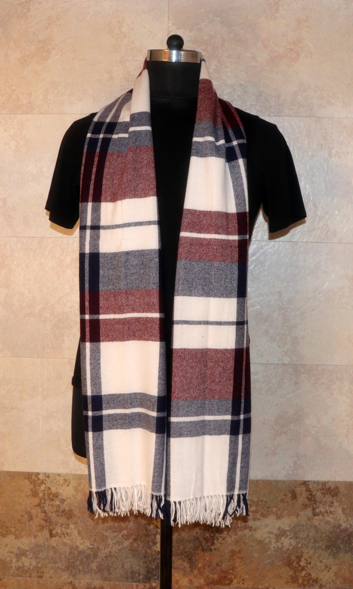 Luxurious Pure Cashmere Tartan Plaid Stole Wrap, a statement of Nepalese artistry and English heritage, handcrafted in the heart of Nepal - neck drape view