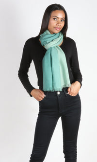 A beautiful 6ft tall female model in a profile pose displays a handmade cashmere shawl in sea green ombre color wrapped around her neck as a scarf to convey the message of the usefulness of the shawl.