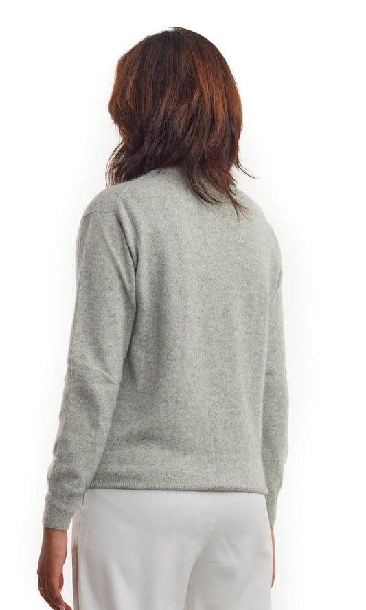 Women's Grey Cashmere Sweater Handmade full back View - A luxurious hand-knitted women's cashmere sweater in light grey color, ethically crafted in Nepal