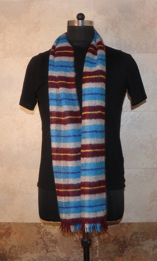 Handmade 25x183cm Multi Color Striped Cashmere Merino Wool Muffler - Vintage-inspired warmth for formal, casual, and travel occasions - neck drape view.