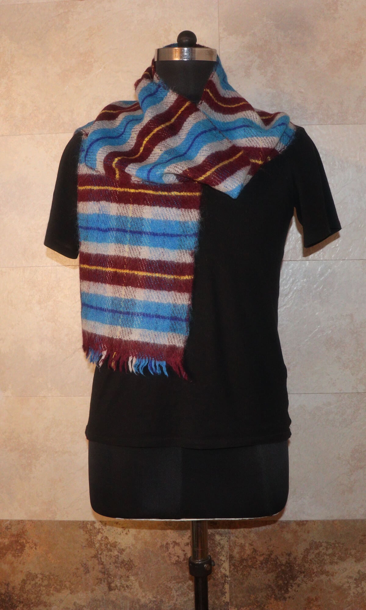 Handmade 25x183cm Multi Color Striped Cashmere Merino Wool Muffler - Vintage-inspired warmth for formal, casual, and travel occasions - over shoulders view.