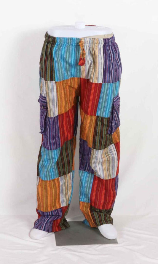 Discover Handmade Boho Patchwork Pants made with sustainable practices and comfortable cotton materials. unique and colorful unisex pants - full front view.