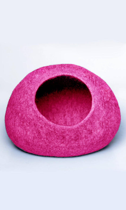 Barbie Cat's Meow Cat Cave - Handmade Felted Wool Pet Retreat in Barbie Pink, Cozy and Stylish Hideaway for Feline Royalty.