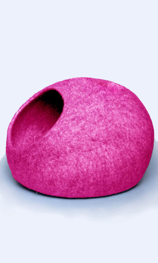 Barbie Cat's Meow Cat Cave - Handmade Felted Wool Pet Retreat in Barbie Pink, Cozy and Stylish Hideaway for Feline Royalty - left view.