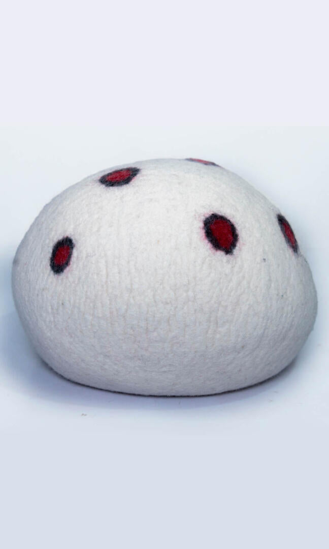 A felted wool cat cave with a Scarlet Blossom flower design entrance, and a full back view.