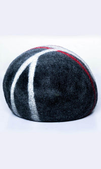 Image of Glamorous Zebra Cat Hideout, an oval-shaped cat cave with a unique and stylish design featuring a grey and black color scheme with two zebra-style white stripes and a red stripe. Handmade with premium felted wool for durability, comfort, and insulation for cats of all sizes. Perfect for providing a cozy and private space for your feline friend to rest and play. A full back view.