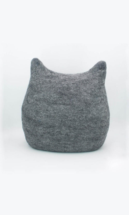 Image of Grey Feline Ear Cat Cave made from premium felted wool, providing a warm and comfortable hideaway for cats with unique cat ear design; a full back view.