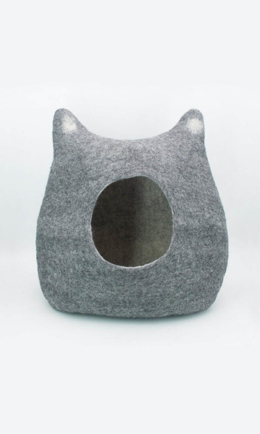 Image of Grey Feline Ear Cat Cave made from premium felted wool, providing a warm and comfortable hideaway for cats with unique cat ear design; a full front view.