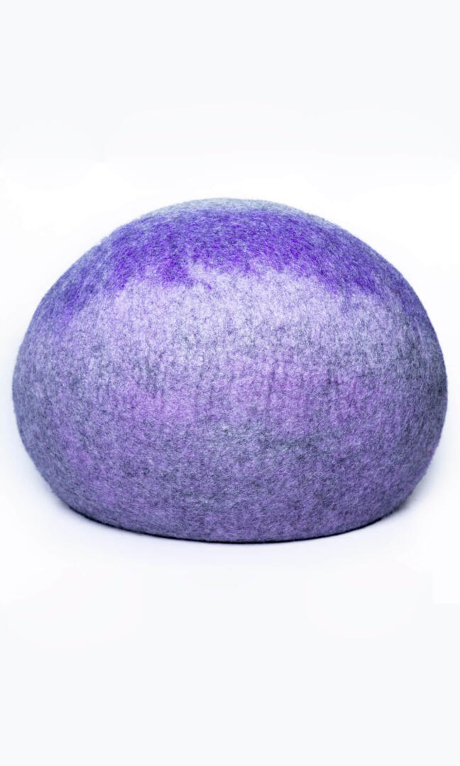 Back view of Grey-Purple Faux Spray Paint Cat Hideout, an oval-shaped cat cave bed with a unique and stylish design featuring a gray and purple faux spray paint design.