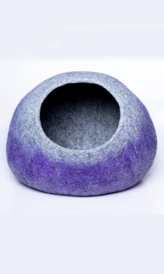 Front view of Grey-Purple Faux Spray Paint Cat Hideout, an oval-shaped cat cave bed with a unique and stylish design featuring a gray and purple faux spray paint design.