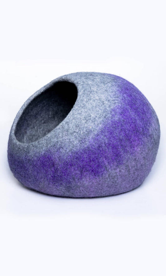 Left view of Grey-Purple Faux Spray Paint Cat Hideout, an oval-shaped cat cave bed with a unique and stylish design featuring a gray and purple faux spray paint design.