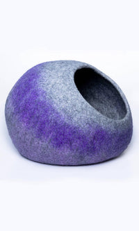 Right view of Grey-Purple Faux Spray Paint Cat Hideout, an oval-shaped cat cave bed with a unique and stylish design featuring a gray and purple faux spray paint design.