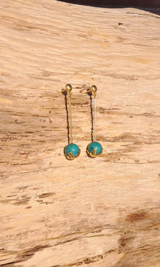 The handcrafted Turquoise Dangle Earrings. Quality, Durability, Versatile & Stylish in 100% brass with 24K double gold plated one-of-a-kind Dangle Earrings - outdoor view