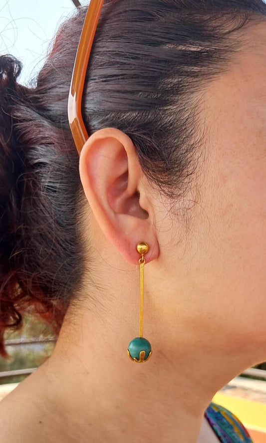 The handcrafted Turquoise Dangle Earrings. Quality, Durability, Versatile & Stylish in 100% brass with 24K double gold plated one-of-a-kind Dangle Earrings - in person view.