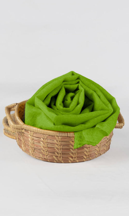 Detailed shot of the premium handwoven 100% pure Chartreuse Green cashmere shawl - placed neatly in a bamboo gift box.