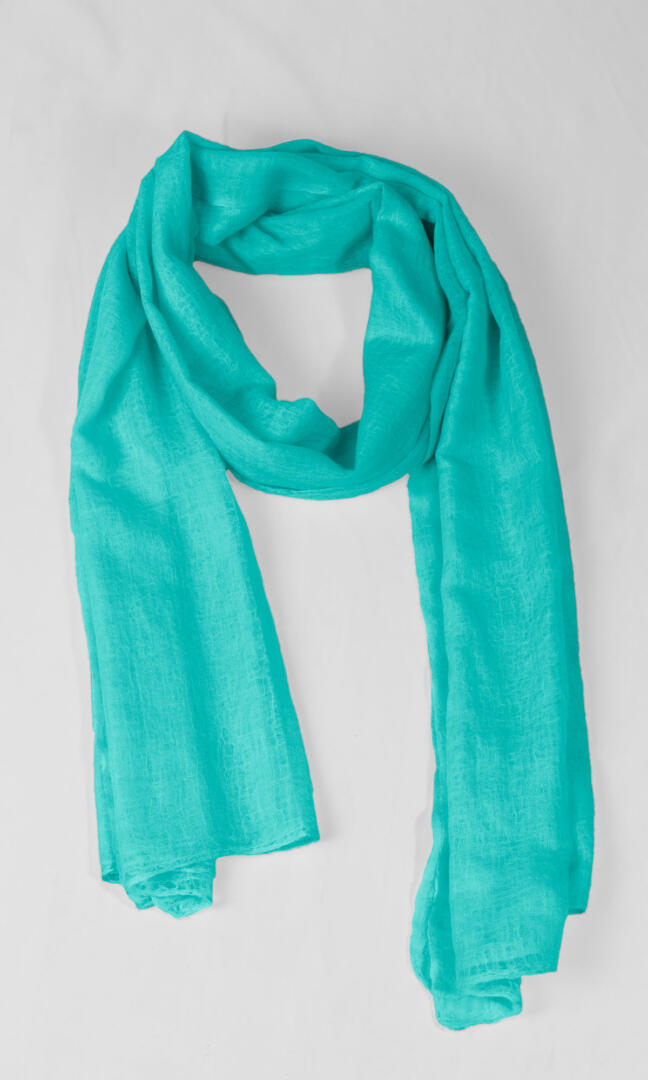 100% Pure Tiffany Blue Cashmere Shawl Handmade, exceptionally soft, lightweight & easy to use as a shawl, wrap, or scarf every day is protective & stylish. A neck loop view.