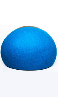 An oval-shaped cat cave bed in french blue based with a brown entrance, and a full back view.