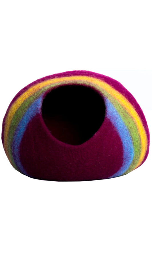 The rainbow retreat cat cave house in dark red premium felted wool with colorful stripes, a full entrance view.